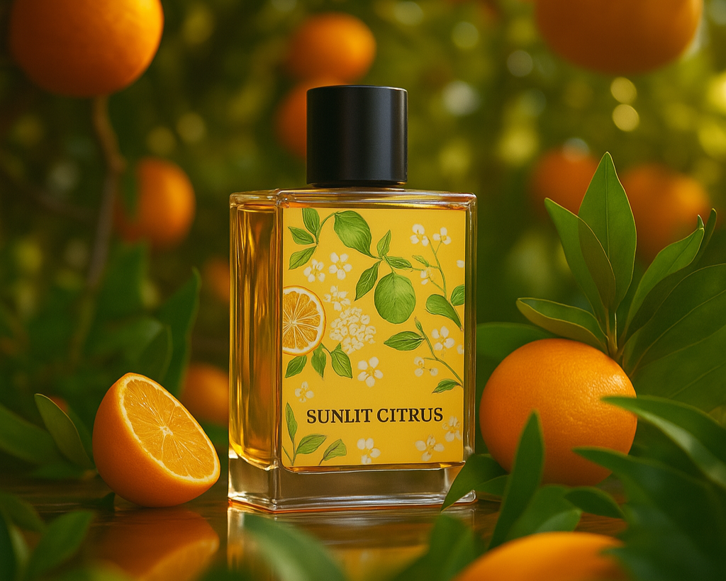Perfume bottle labeled 'Sunlit Citrus' surrounded by oranges and green leaves